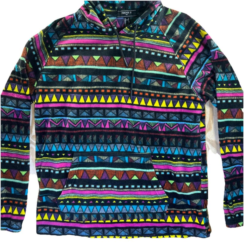 Men's Forever 21 Fleece Pullover Hoodie Aztec Print Size Large Multicolor - Picture 2 of 8